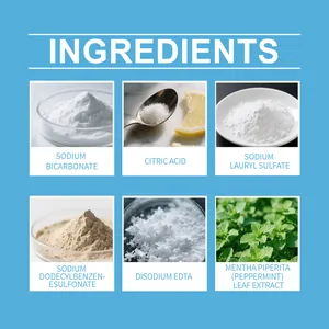 Detailed ingredient list for pool cleaning tablets showing sodium bicarbonate and citric acid