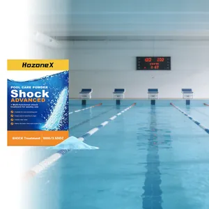 HozoneX pool care shock powder detail with packaging and blue powder pile in a pool setting