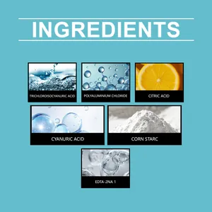 Detail view showing ingredients like trichloroisocyanuric acid for pool shock care.