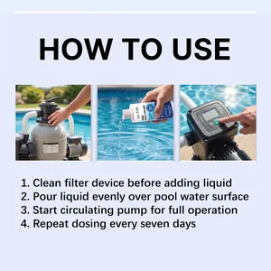 Step-by-step instructional guide for using Jue Fish weekly pool care liquid effectively.