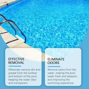 Detail showing clear pool water and benefits of pool effervescent cleaning tablets
