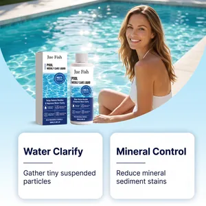 Jue Fish pool weekly care liquid showing water clarify and mineral control features