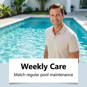 Man smiling by a clear swimming pool representing regular weekly maintenance care.