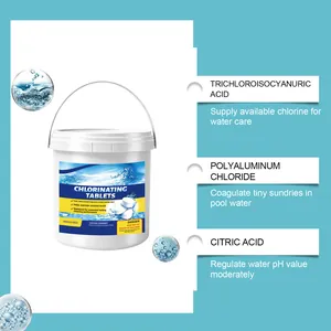 Desglose de ingredientes de tabletas de cloro para piscinas y agua clara.
