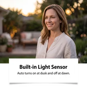 Detail of outdoor solar light featuring an automatic built-in dusk-to-dawn light sensor.