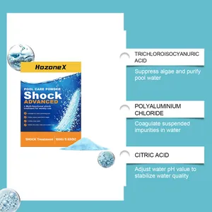Detailed view of HozoneX pool shock treatment powder ingredients and water purification benefits