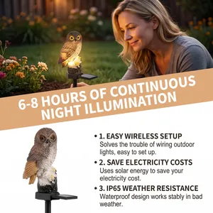 Solar owl garden stake light with warm night glow and IP65 waterproof resin design.
