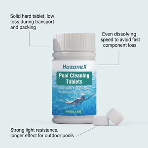 Vista detallada del frasco de pastillas para piscina HozoneX y tabletas blancas