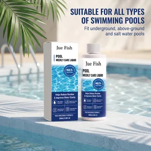 Jue Fish Pool Weekly Care Liquid 100ml bottle and box by a clear swimming pool side