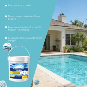 Pastillas de cloro para piscinas con escena de piscina en el patio para el mantenimiento