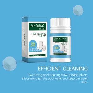 Detail view of Jaysuing pool cleaning tablets with packaging and slow-release formula description.