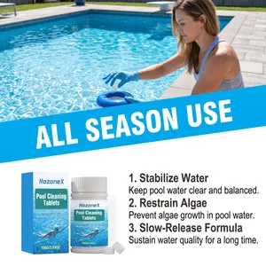 Detalle de pastillas HozoneX para piscina con instrucciones y beneficios de uso
