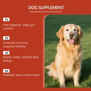 Probiotic dog supplement infographic listing benefits for digestion and immunity