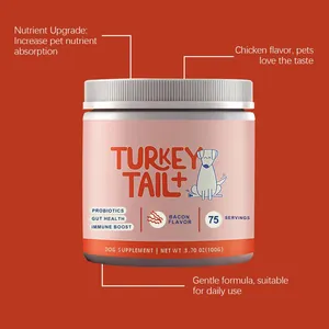 Detail view of Turkey Tail+ dog probiotic supplement showing key benefits and ingredients.