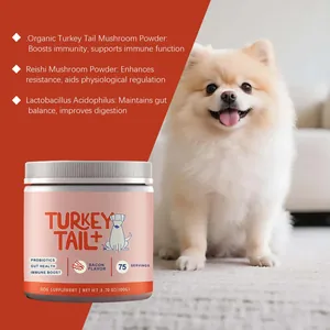 Detail of organic turkey tail mushroom dog supplement powder with bacon flavor for immunity