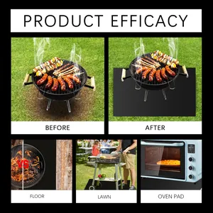 Non-stick BBQ mat comparison showing efficacy on lawn, floor and as an oven pad