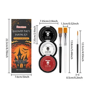 Dimensions détaillées du kit de peinture faciale d'Halloween avec couleurs et pinceaux