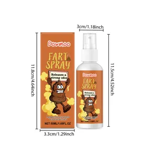Detailed product dimensions for Dowmoo 50ml fart spray including box and spray bottle