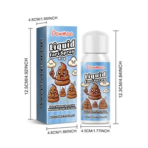 Product dimensions and packaging detail for Dowmoo 100ml liquid fart spray prank toy