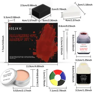 Detaillierte Maße und Spezifikationen des Halloween SFX Makeup-Sets mit Blutgel und Werkzeug