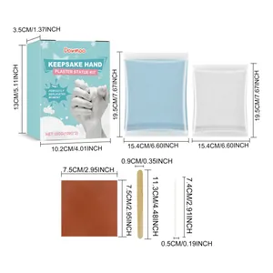 Complete 3D hand casting kit with plaster powder and tools shown with measurements