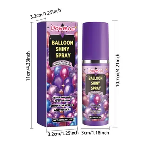 Detailweergave met afmetingen voor Dowmoo 30 ml glansspray voor ballonnen en doos