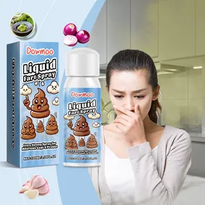 Close-up of fart spray bottle and box with a woman reacting to the smell in a kitchen