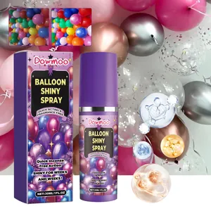 Langdurige glansspray voor ballonnen met fles en verpakking, inclusief effect-foto's.