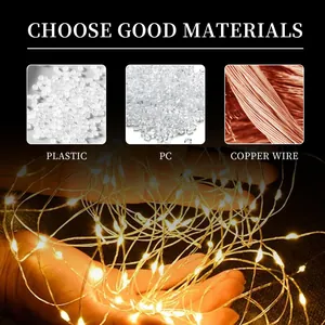 Vista dettagliata delle luci fiabesche a LED bianco caldo con filo di rame e materiali in PC
