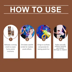 Detailed instruction guide for DOWMOO Liquid Stink Spray showing four funny prank scenarios.
