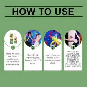 Visual step-by-step instruction guide for Dowmoo liquid stink spray prank novelty