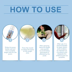 Instructional guide showing how to use Dowmoo liquid fart spray for hilarious pranks.