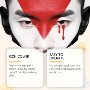 Vue détaillée du maquillage rouge haute pigmentation pour un look créatif de Halloween.
