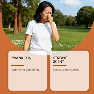 Graphic info card showing strong scent effect of realistic prank fart spray outdoors