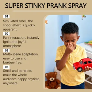 Boy pinching nose reacting to super stinky prank spray smell in a playroom setting