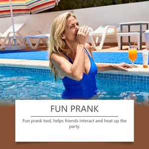 Woman reacting to a funny prank stink spray by a sunny swimming pool during a party
