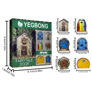 Detailed dimensions of 6 miniature fairytale garden doors with packaging box for decor.