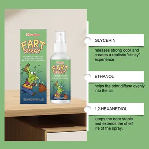 DOWMOO prank fart spray detail showing liquid ingredients and funny package design