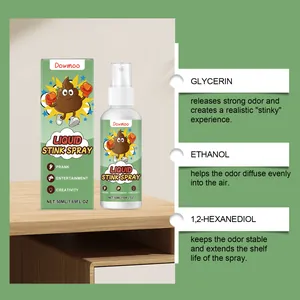 Detail of Dowmoo liquid stink spray showing ingredients like glycerin and ethanol