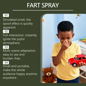 Informational detail page for realistic fart spray prank toy showing four key features.