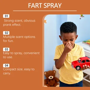Child pinching nose reacting to prank fart spray scent with product features list.