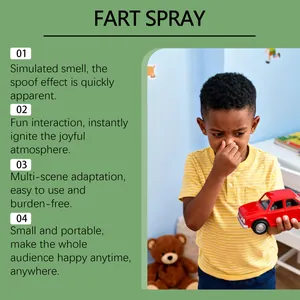 Infographic detail showing features of a realistic fart spray prank for parties and fun.