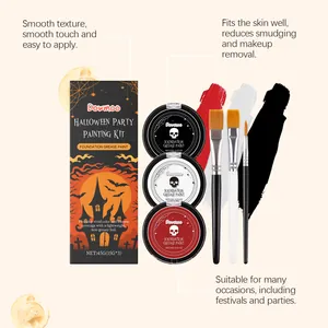 Vue détaillée du kit de peinture pour Halloween avec fard gras noir, blanc et rouge