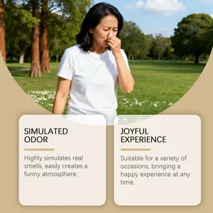 Realistic prank fart spray simulated odor effect shown on a reacting woman in park.