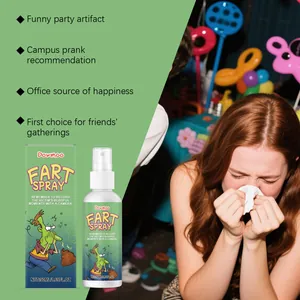 Detail view of DOWMOO prank fart spray product with a girl reacting to the smell