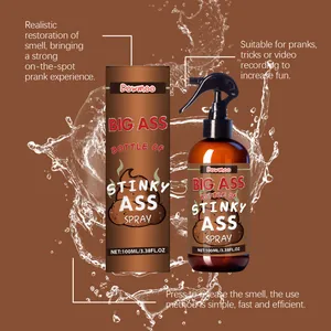 Detailoverzicht van de Dowmoo stinkende grapsprayfles en de 100ml verpakking.
