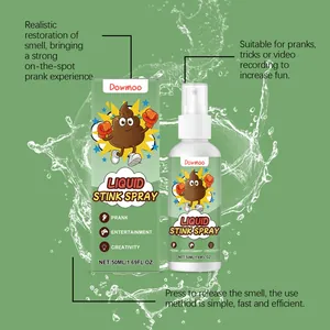 Detail view of DOWMOO liquid stink spray bottle and box for realistic prank experience