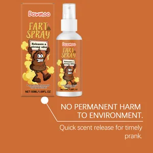Detail view of Dowmoo prank fart spray bottle and packaging box with 50ml capacity