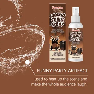 Close-up of Dowmoo liquid stink spray bottle and box with raccoon prank illustration.