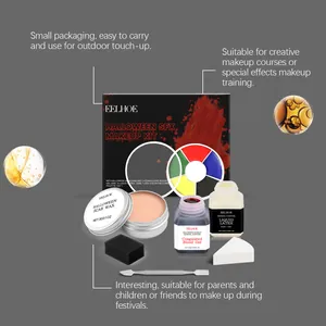 Detailansicht des Halloween SFX Make-up-Sets mit Narbenwachs, Blutgel und Flüssiglatex.